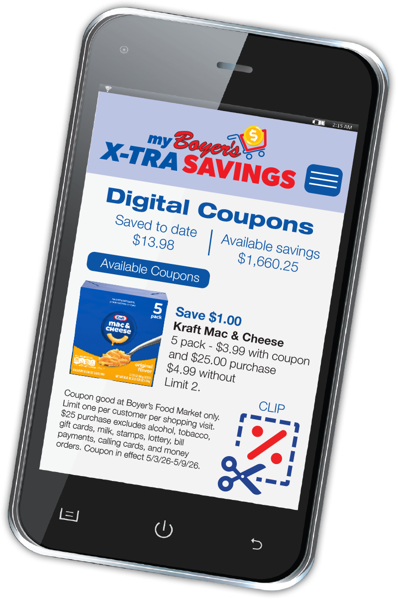 My Boyer's X-tra Savings app showing digital coupons
