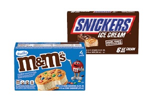 M&M's Ice Cream Sandwiches, Snickers, Twix or Dove Bars